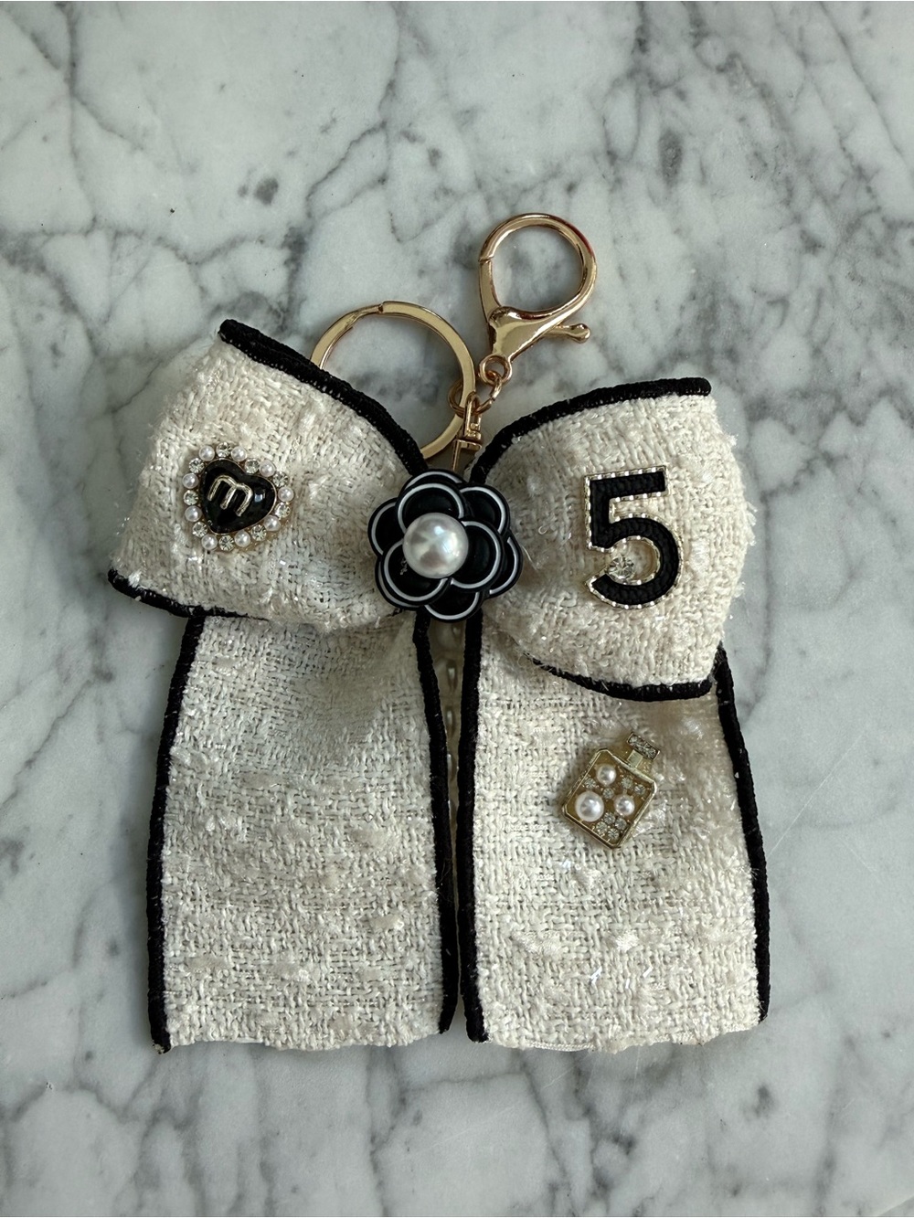 Cream Tweed Bow Keychain with Black Trim and Pearl Accents handbag Charm